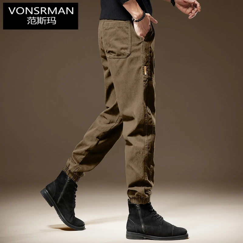 美式重磅简约工装裤子男2025秋季新款宽松潮牌驼黄束脚男士休闲裤