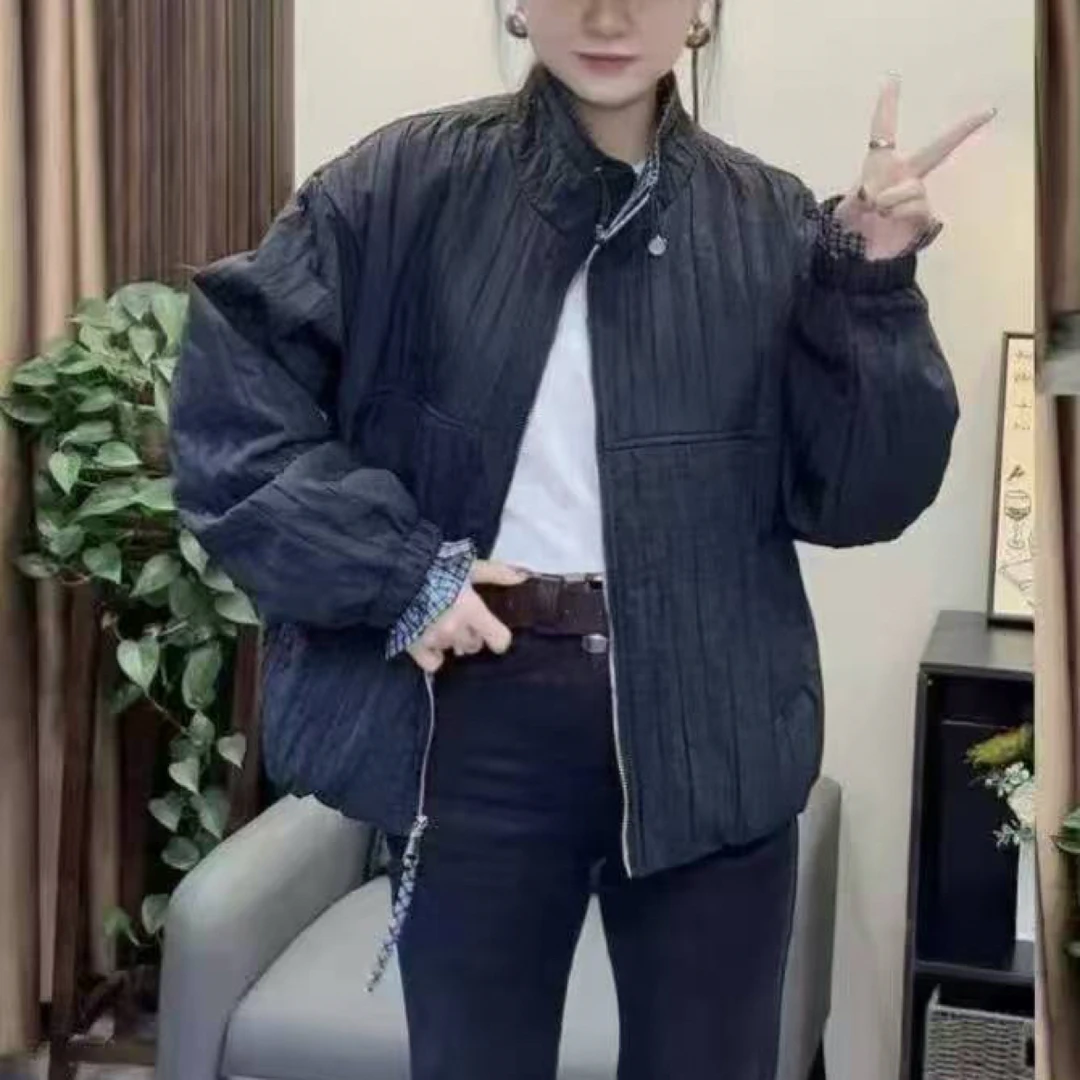 立领明线拼格加棉外套女秋冬新款短外套ins休闲风宽松棉衣7126
