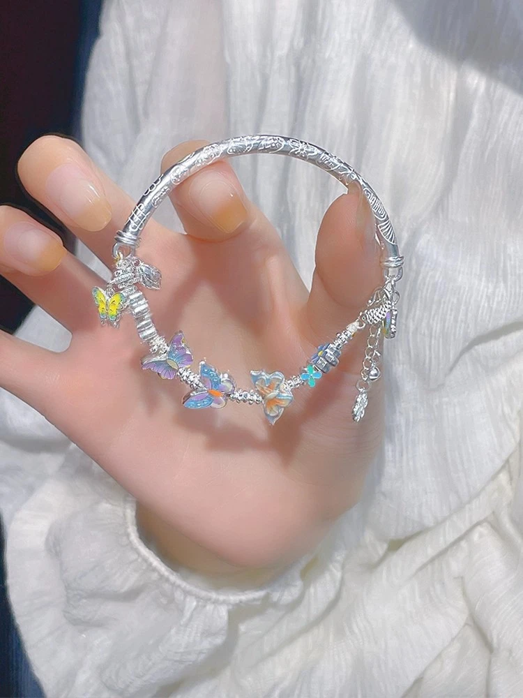 珐琅蝴蝶手镯手链女款纯银999小众烧蓝送女友情人节礼物