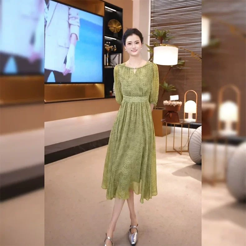 [房房工厂店]8016法式优雅气质灯笼袖连衣裙女高级感收腰长裙女