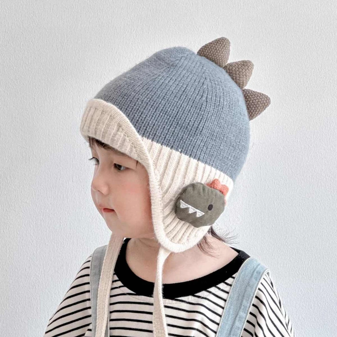 儿童帽子冬季新款可爱卡通小恐龙男童保暖帽护耳宝宝毛线帽冬天