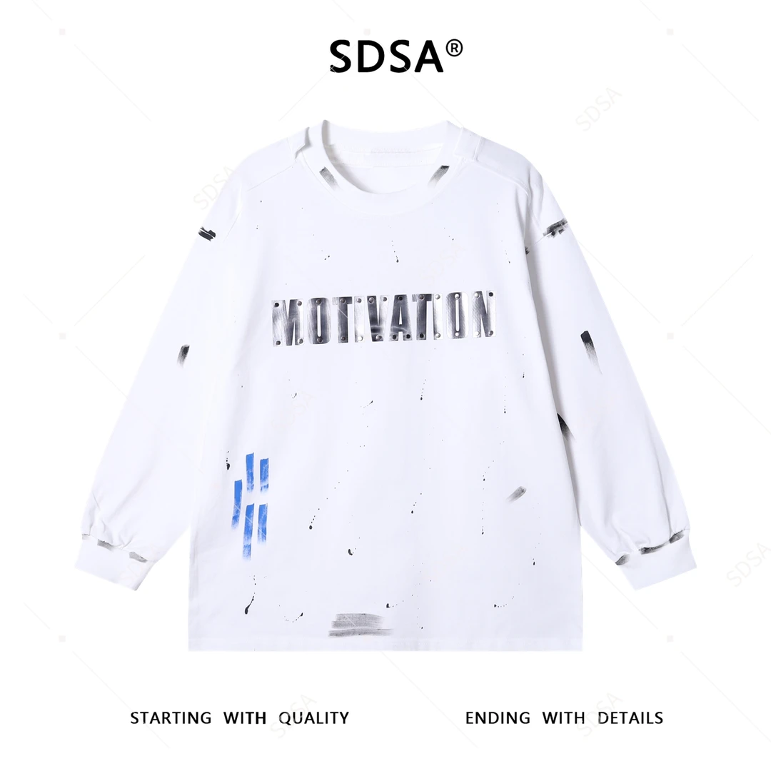 SDSA男士秋冬新款痞帅男装潮牌泼墨印花字母圆领长袖T恤高级感潮
