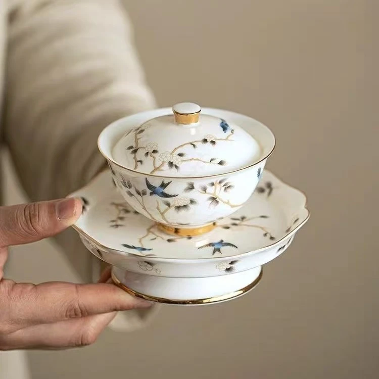 （带底碟）描金喜上眉梢二才盖碗wh1848