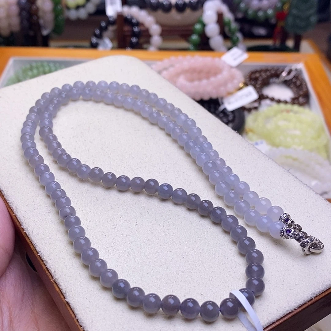 颈饰未镶嵌和田玉烟紫银镶渐变项链6mM