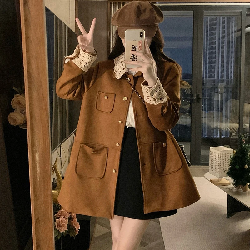 La Chapelle/拉夏贝尔正品百搭工装风美拉德复古外套中长款翻领女