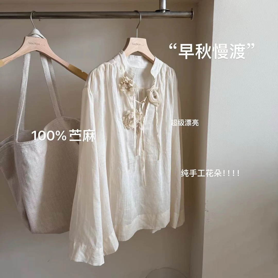 小文姐 W0403-‘早秋慢渡’复古长袖衬衫立体花朵设计气质温柔上衣