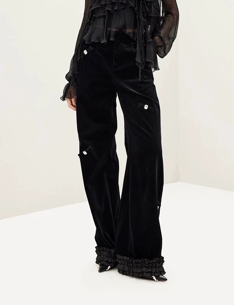 【DÉ MYSTÈRE】2025春季新款立体钉珠丝绒裤高腰长裤GZJGZJ68108-3