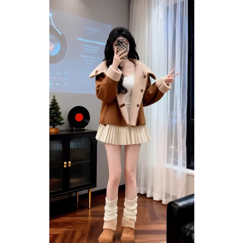 温柔系穿搭女2025新款韩版翻领气质短外套百搭半身裙两件套