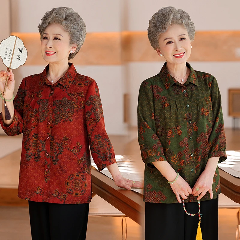 2025年春夏高档宽松大码缎面上衣中老年妈妈女装时尚百搭衬衫衣服