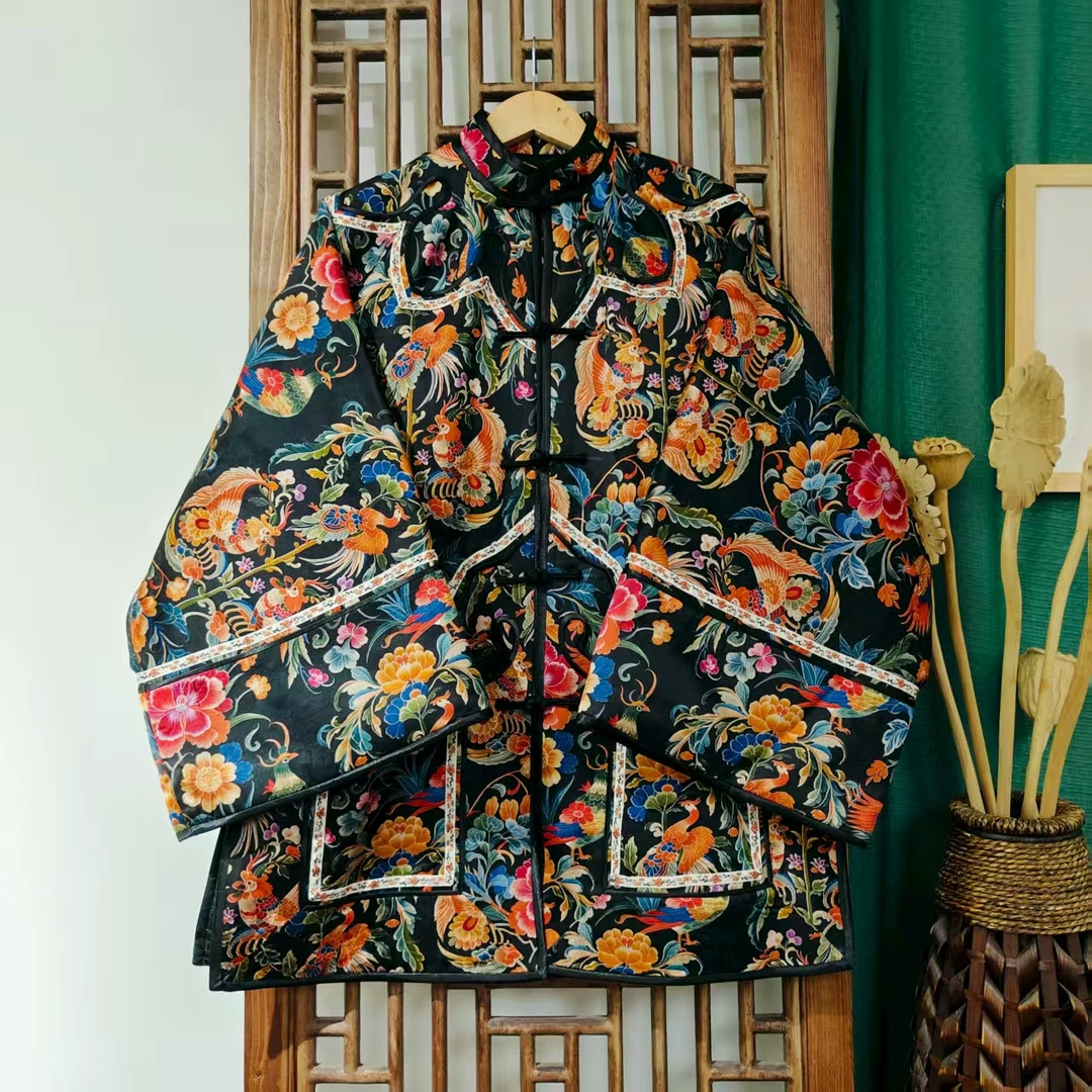 棉（LS525-2）凤徕兮私人定制黑底牡丹花如意边对襟盘扣中长款外套