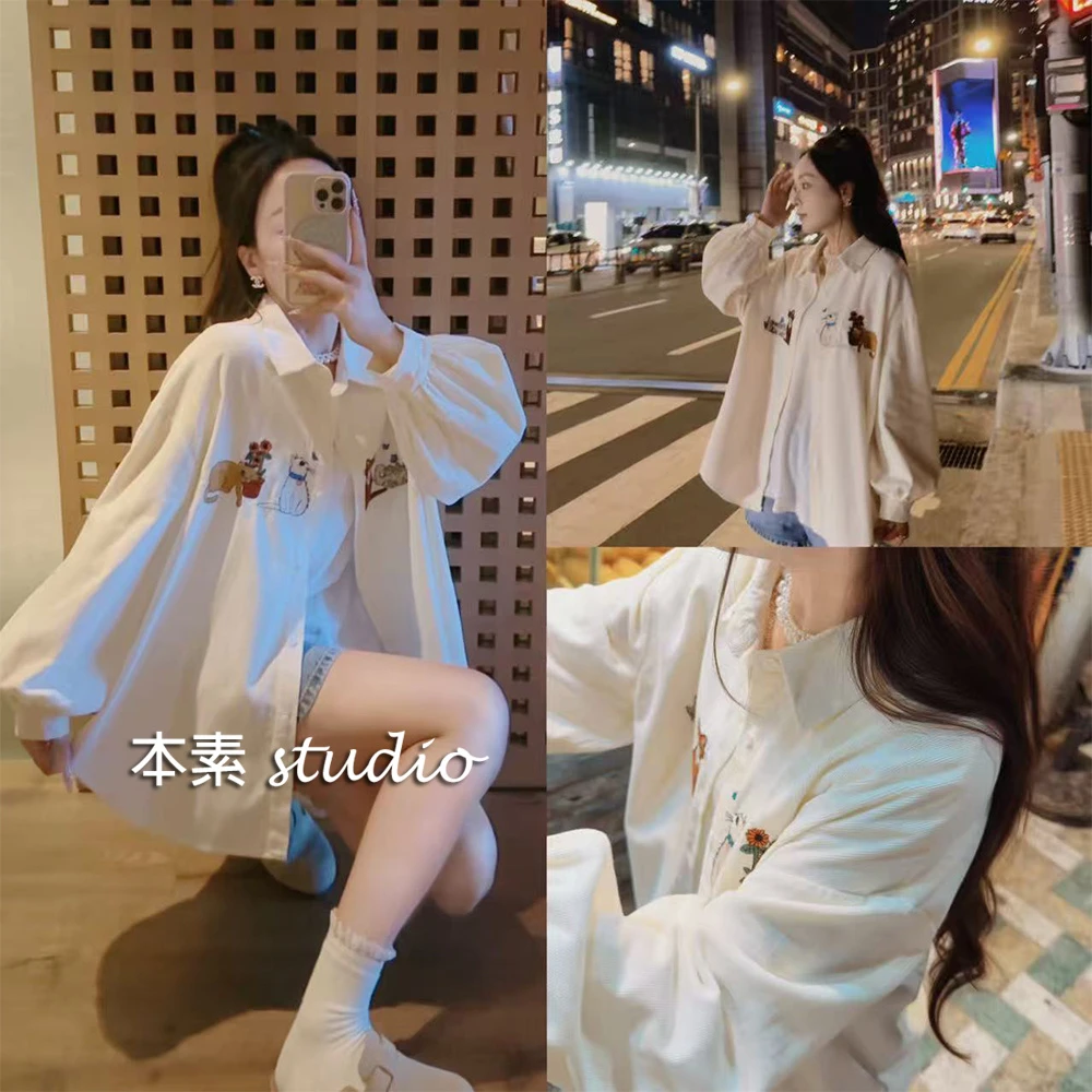 猫咪派对Y3028灯芯绒刺绣小猫全开扣翻领衬衫