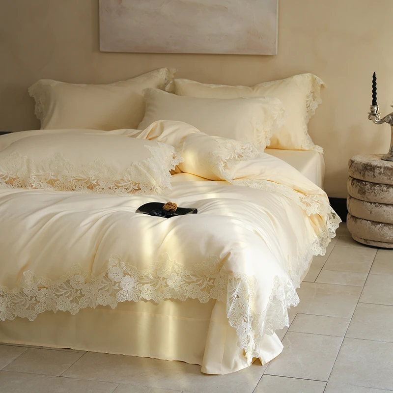 左柚家丨白云山茶  法式公主风蕾丝花边全棉纯棉贡缎长绒棉四件套