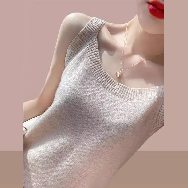 夏季新款纯色吊带背心女法式薄款修身冰丝针织衫无袖内搭打底上衣