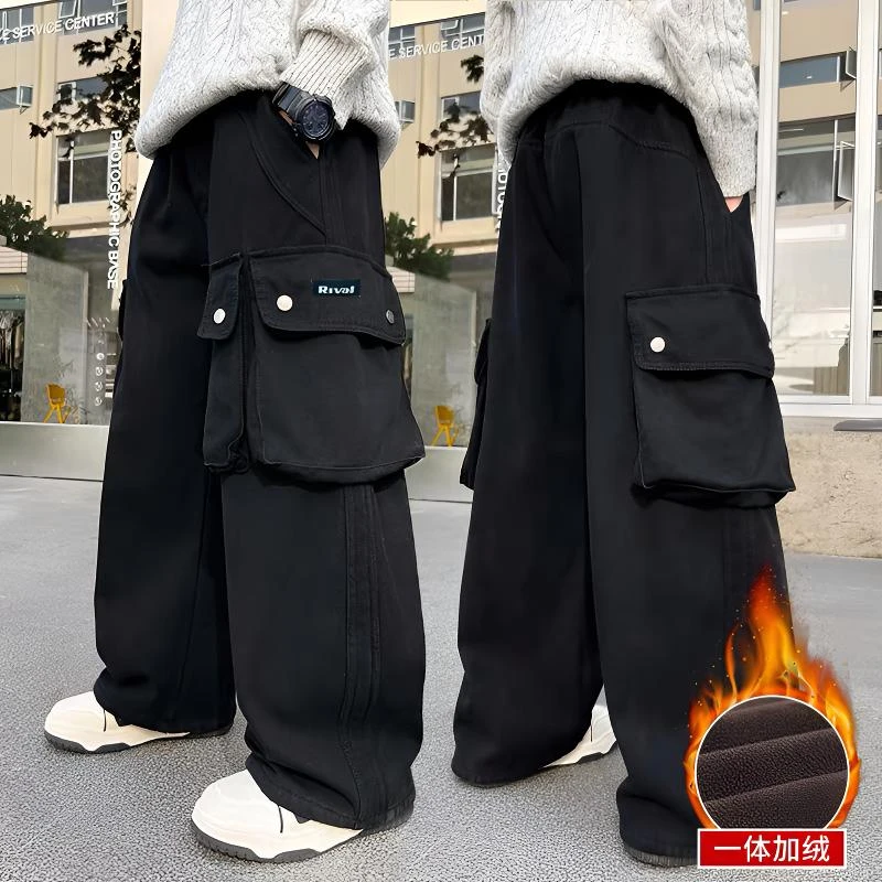 F00786男童秋冬加绒加厚工装裤2025冬季新款休闲运动风长裤舒适潮