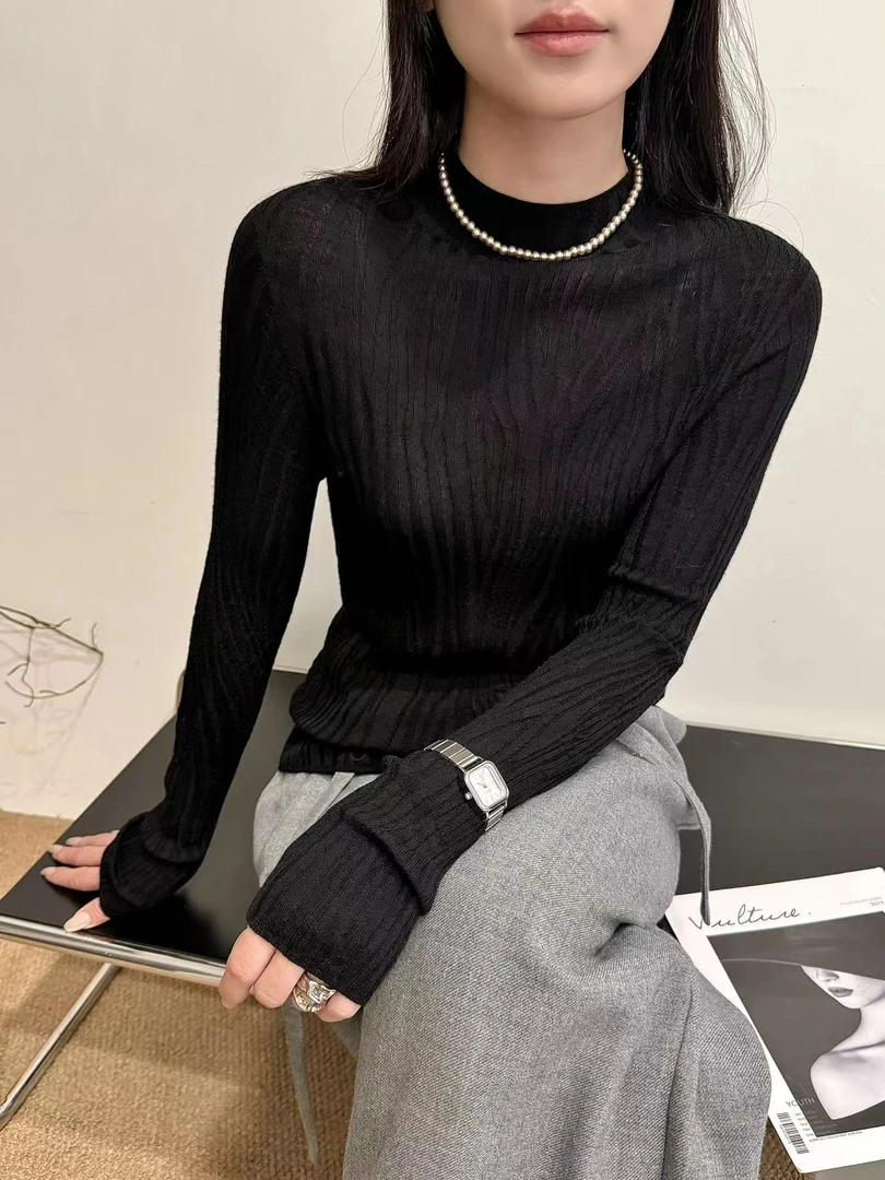 WEIMO秋冬洋气树枝纹日本无缝精纺水波纹半高领全羊毛针织打底衫