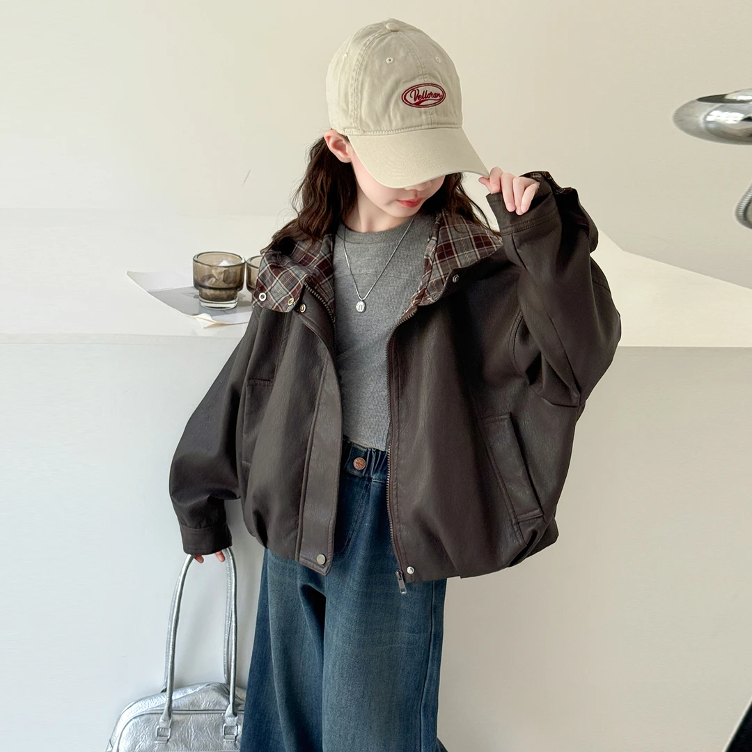 女童外套春秋款2025新款洋气儿童秋装连帽皮衣大童女孩秋季皮夹克