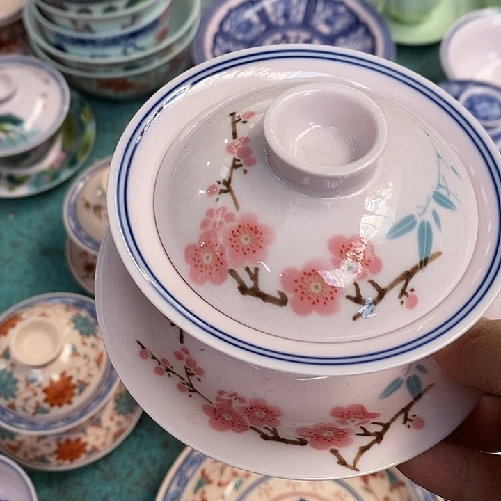 摆件陶红稀土翠竹三才盖碗