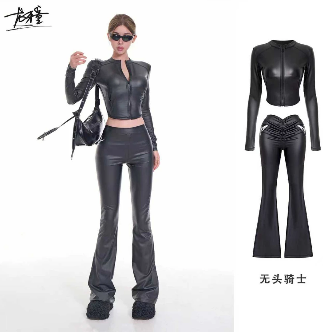 龙牙童推荐【无头骑士】显瘦复古女长袖性感紧身套装黑色修身秋冬