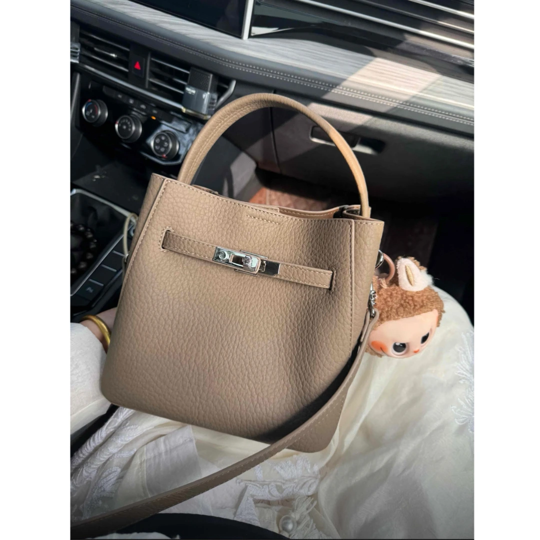 【高品质】荔枝纹韩版潮流简约水桶包真皮轻奢风百搭法式休闲斜挎包