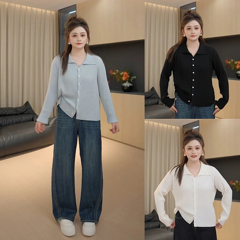 【胖佳佳】现货~时光独白 翻领毛衣秋季气质显瘦针织衫H625Z14115