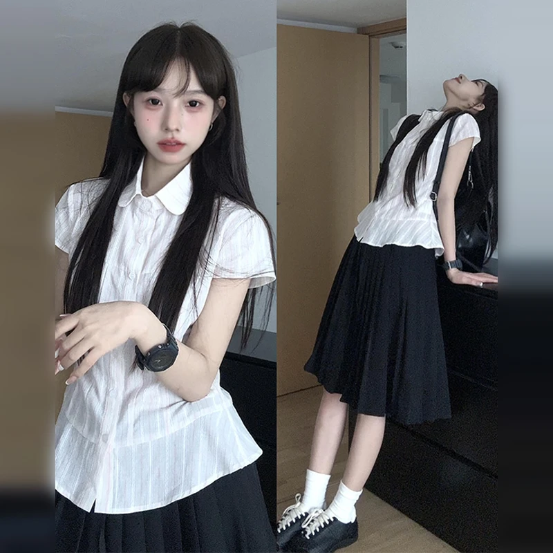 白色条纹短袖衬衫女夏季2025新款爆款法式气质衬衣高级感穿搭上衣