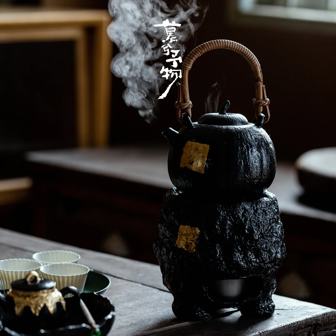 慕兮大漆金箔南瓜提梁壶带煮茶炉墨黑家用围炉煮茶高端复古温茶炉