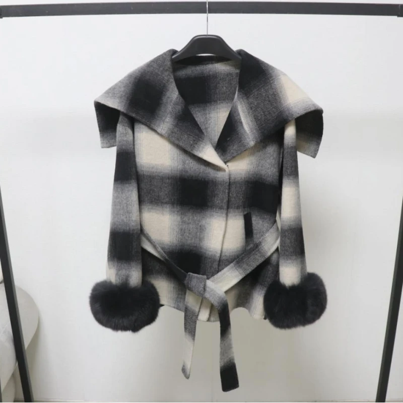 欧洲站新款格子海军领双面羊毛大衣女狐狸毛小个子羊毛呢外套女
