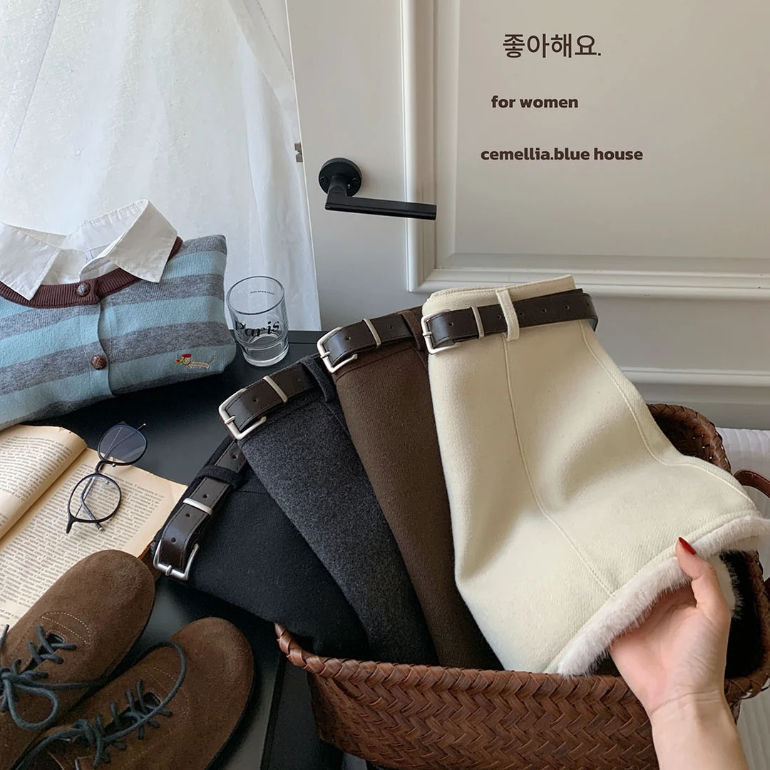 韩国chic温暖拼接毛毛呢料短裙女冬高腰包臀A字小众半身裙
