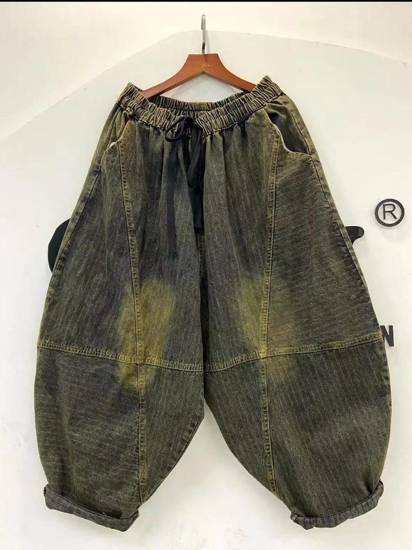 265-2025春夏新款女复古文艺棉炒色拼接大版宽松显瘦牛仔裤