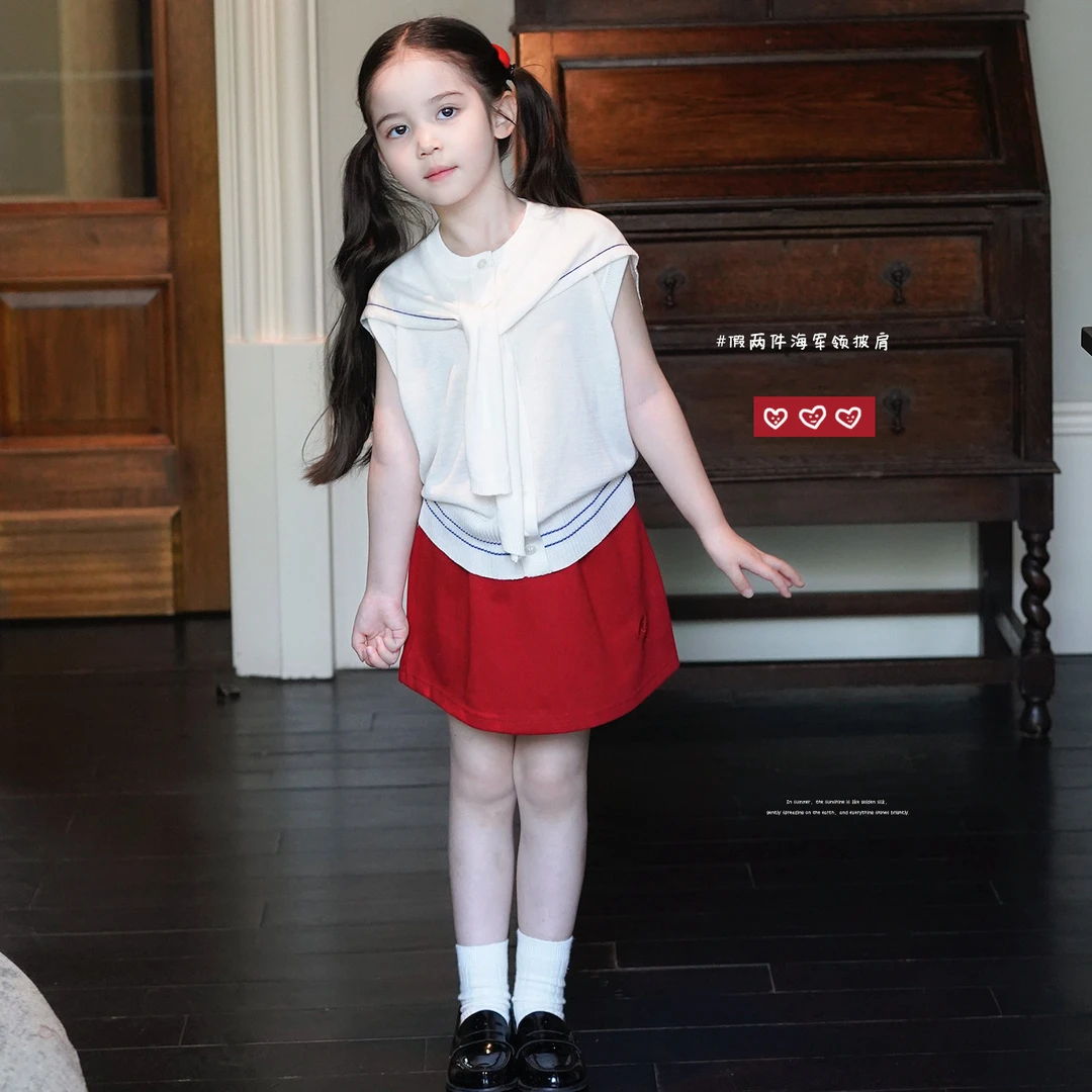 AnnieGirl夏季学院风假两件气质女童夏季无袖上衣半身裙套装2026