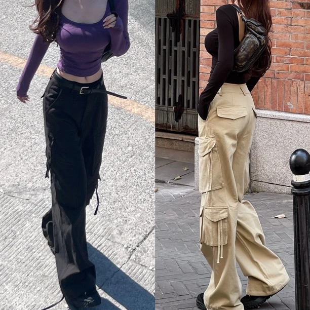《美式复古》长腿酷妹 甜辣美式街头vibe工装微喇裤卡其工装裤