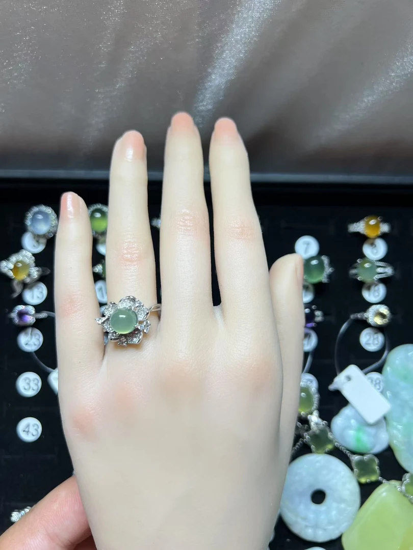 福玉阁出品蛇纹石玉石925纯银戒指