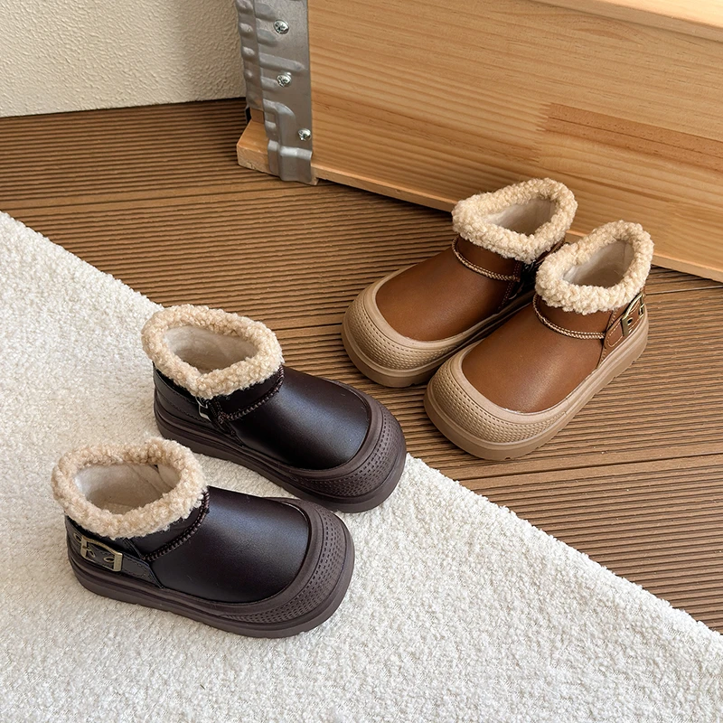 望舒家韩版女童加绒保暖皮靴马丁靴秋冬季男童防滑百搭棉靴16