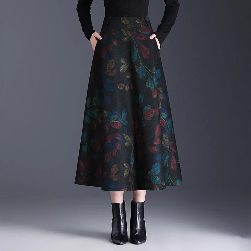 印花毛呢冬裙中年妈妈半身裙长裙2024秋冬季高腰a字百搭大摆裙