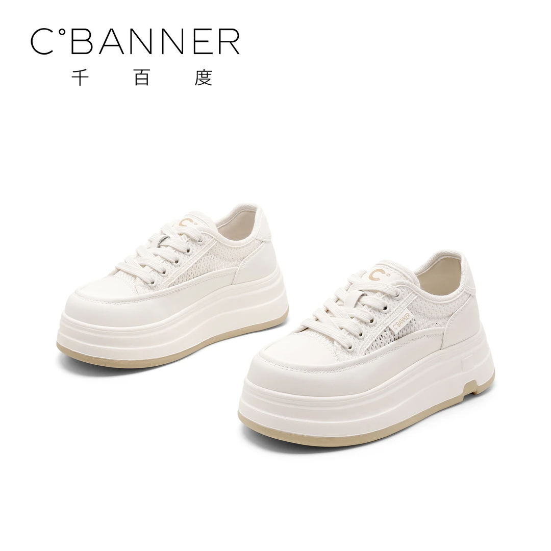 C.BANNER/千百度网面透气镂空增高板鞋女2025新款休闲厚底运动鞋