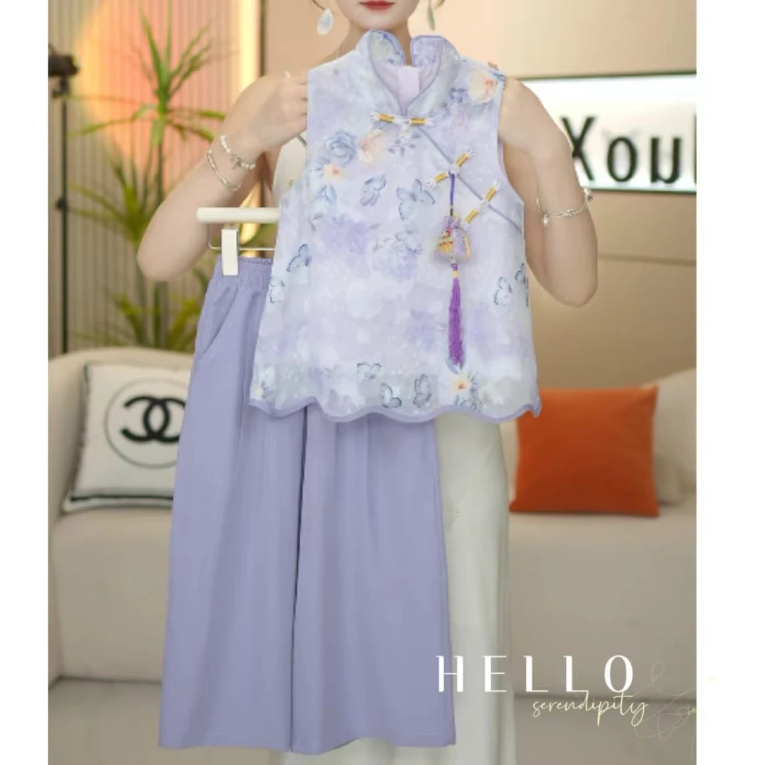 【送香包】女童新中式套装夏季2025新款国风无袖盘扣背心超阔腿裤复