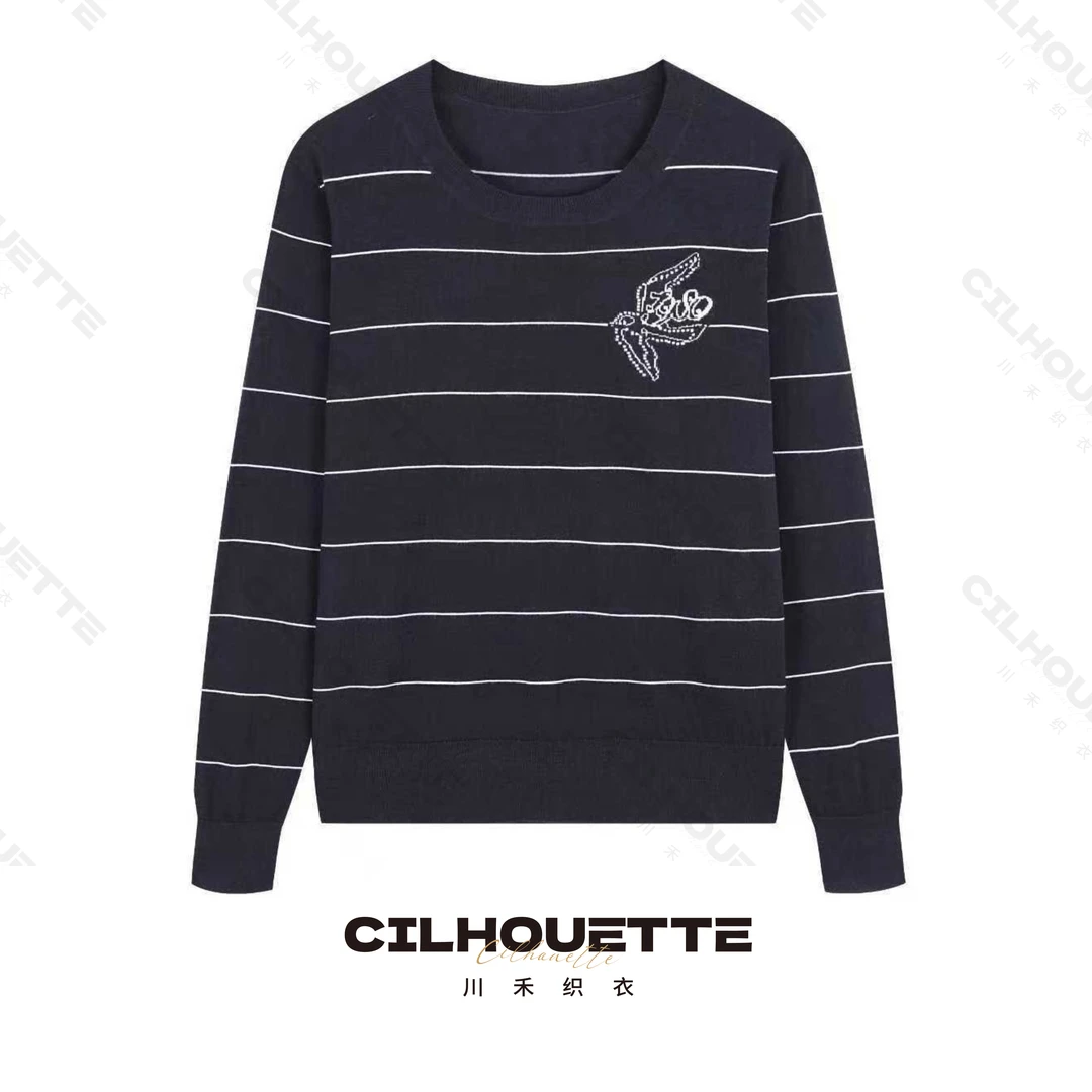 【清】川禾织衣 早秋飞燕提花横条纹羊毛针织衫套头轻奢时尚针织