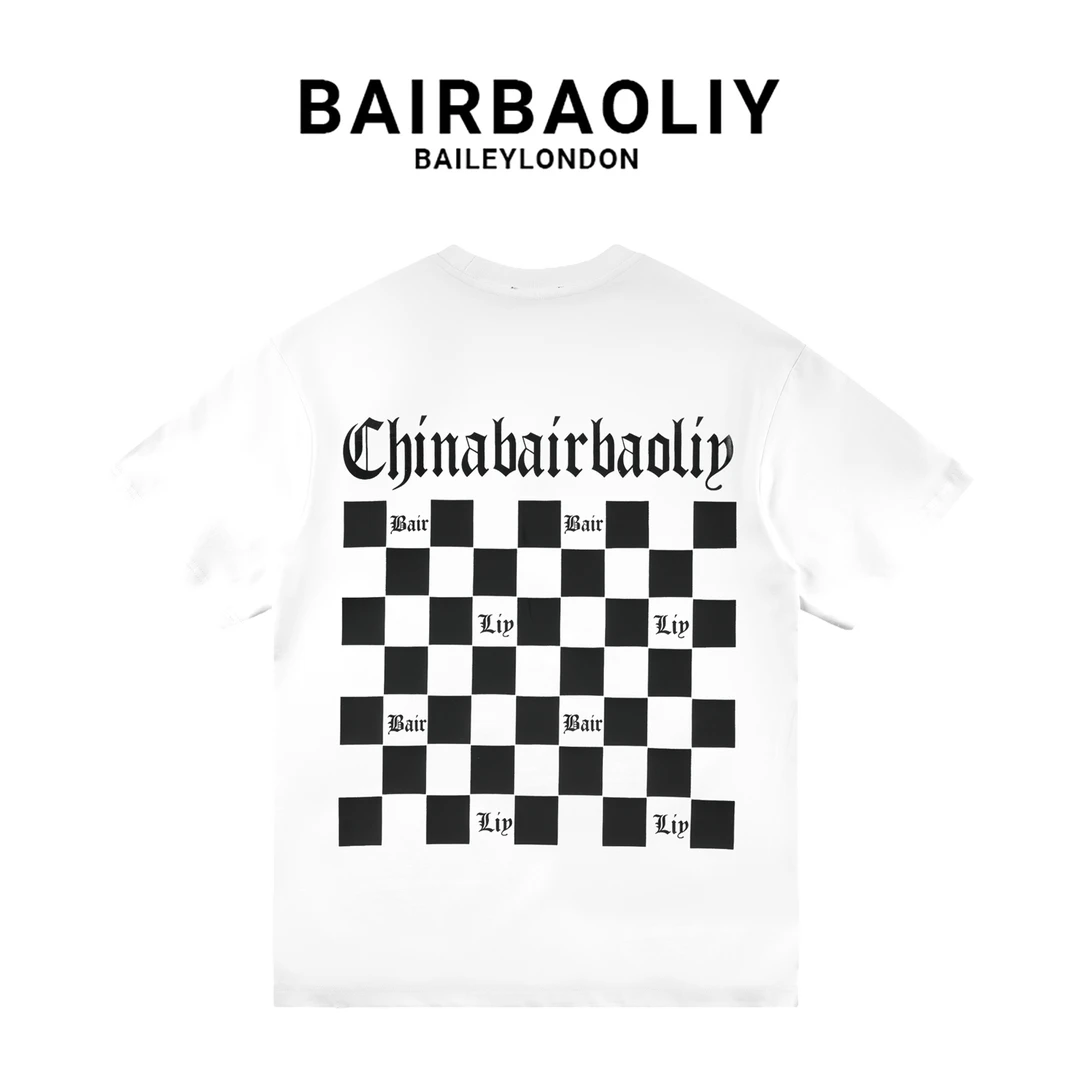 BAIRBAOLIY哥特式简约字母棋盘格设计感修身版透气短袖T恤男装