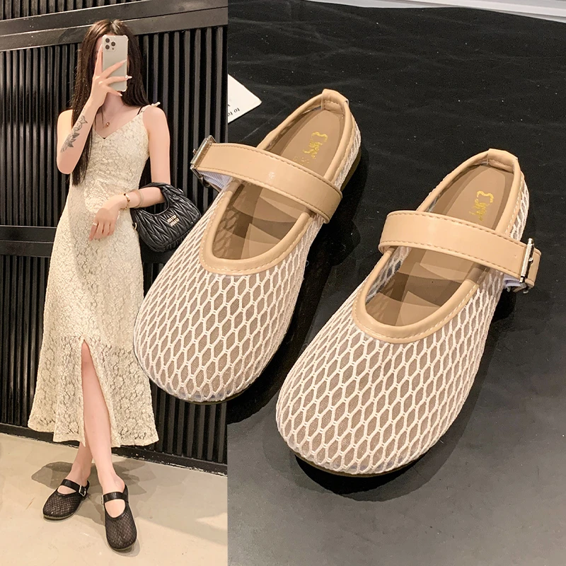 镂空渔网编织包头半拖鞋女夏季外穿软底平底芭蕾舞透气洞洞鞋凉拖