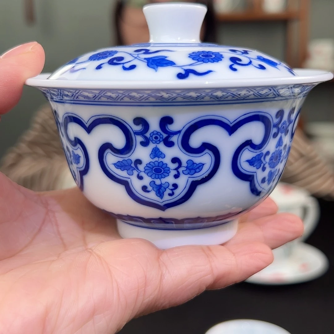 柴窑青花如意两才盖碗