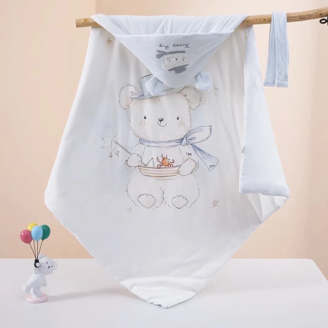 【蚕棉软萌】新生儿产房纯棉抱被带帽初生防惊跳绣花四季通用