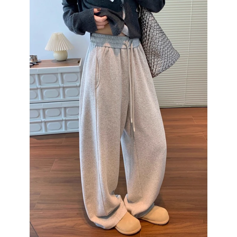 厚绒花灰色阔腿裤弯刀裤子宽松抽绳针织运动卫裤女
