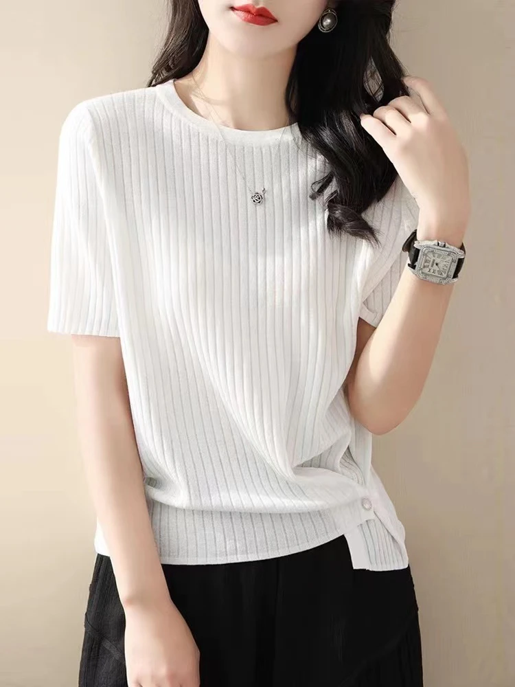 圆领毛针织衫粉色夏季薄款针织衫宽松休闲显瘦珠片