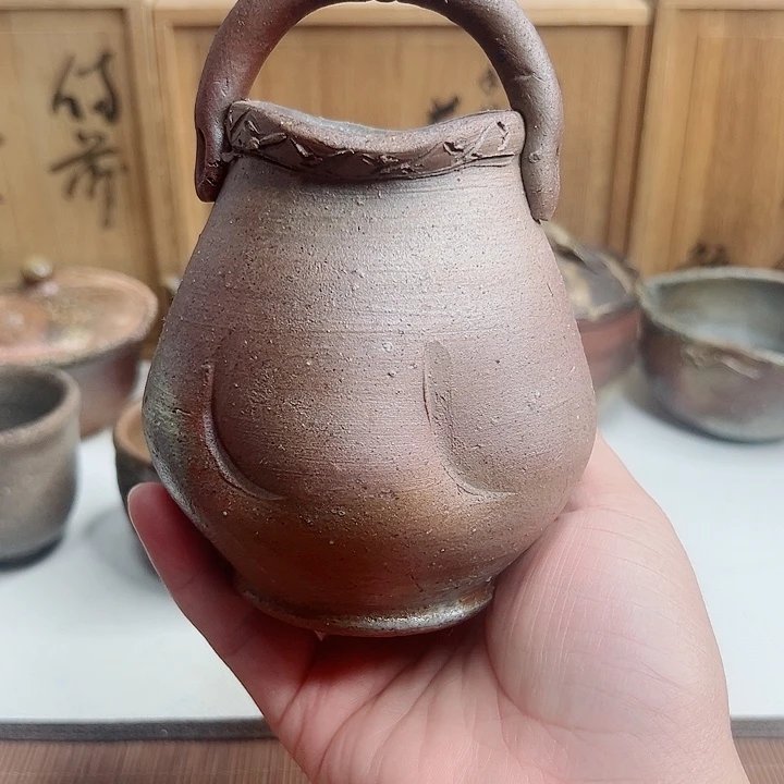 备前烧，提篮花器，