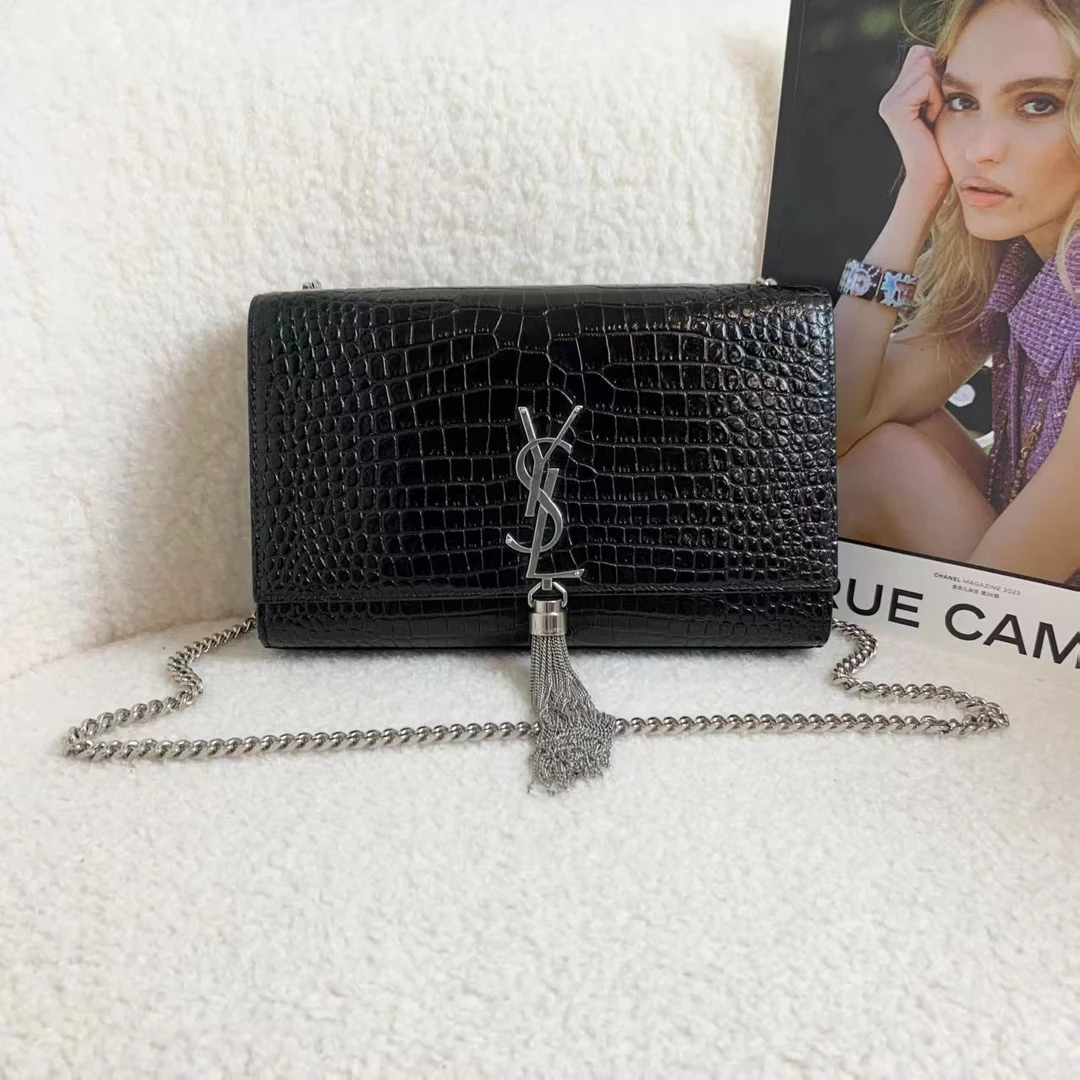 99新 YSL/圣罗兰 壹臻/黑银压纹流苏kate中号19年/12期/ 68581593