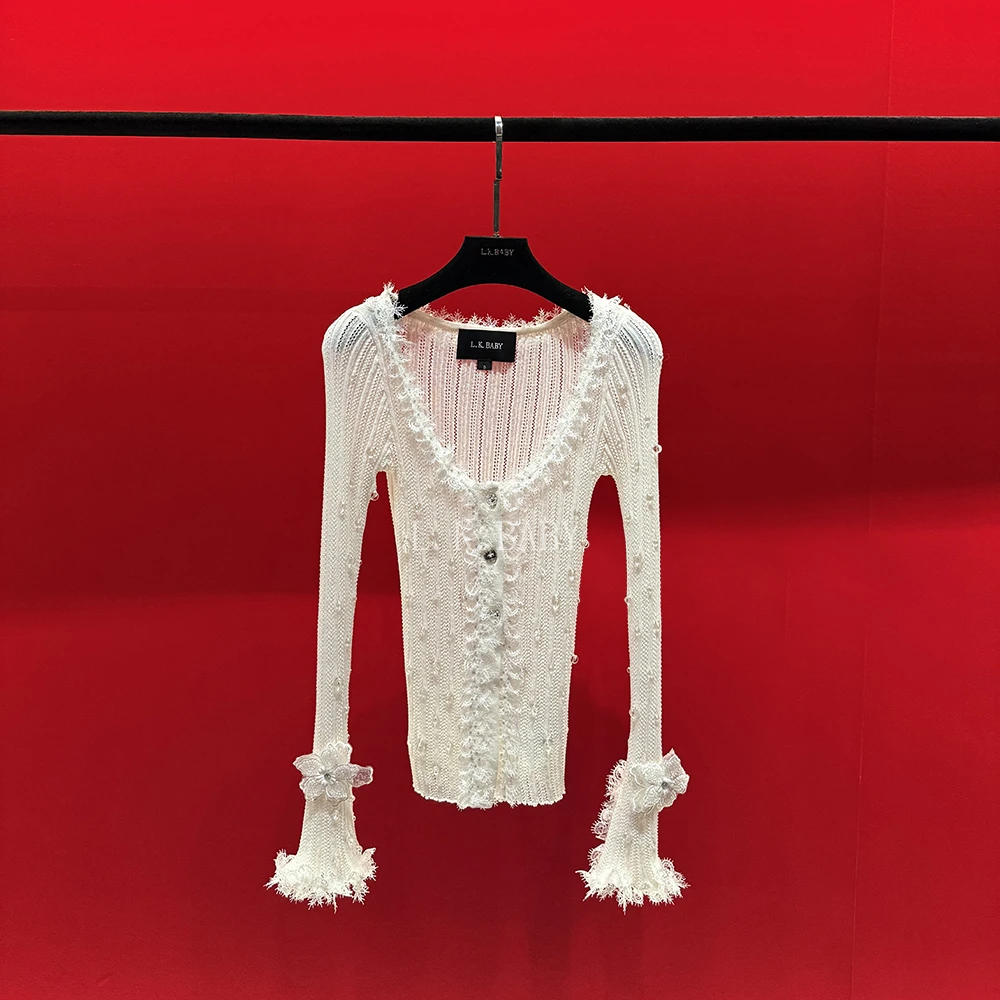 【L.K.BABY】水晶之恋A 法式设计感蕾丝花边袖口盘花修身百搭开衫