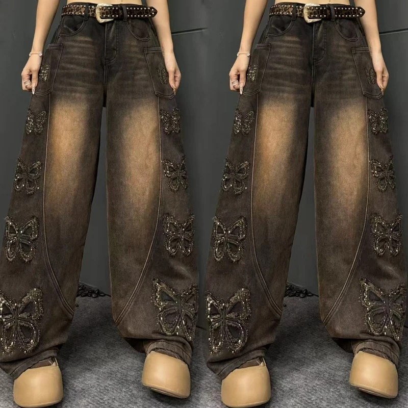 2025秋季蝴蝶烫钻弯刀牛仔裤显瘦宽松复古做旧蝴蝶弯刀裤-0670