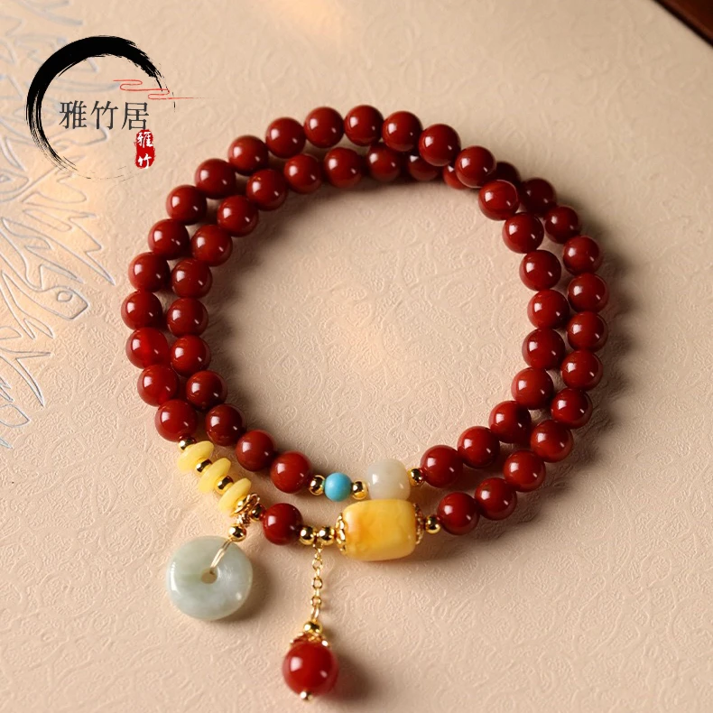双圈蜜蜡南红玛瑙手串平安扣吊坠手链国风气质SL250女生