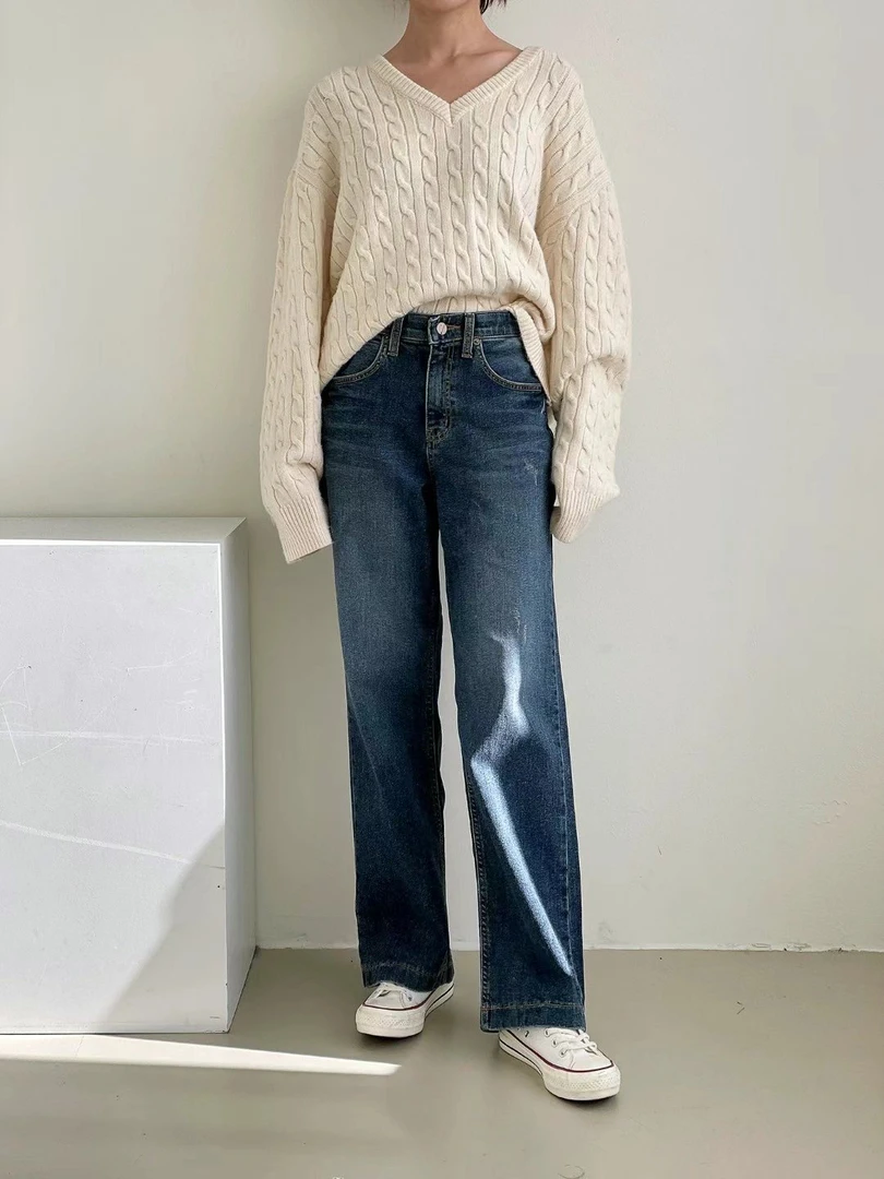 月花洞韩国正品秋冬#2601加绒阔腿牛仔裤显瘦百搭保暖（97 cm）