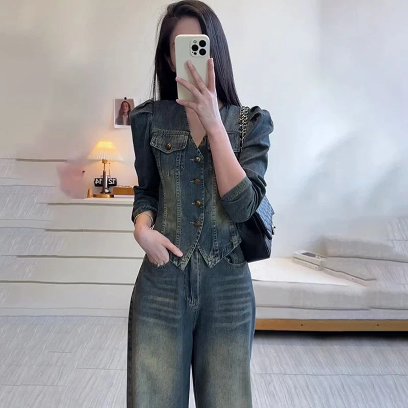 时尚复古牛仔套装女早秋短款牛仔上衣高腰直筒显瘦裤子潮流两件套